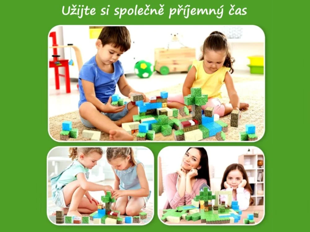 Vaikai ir mama kartu stato kaimą iš magnetinių kaladėlių