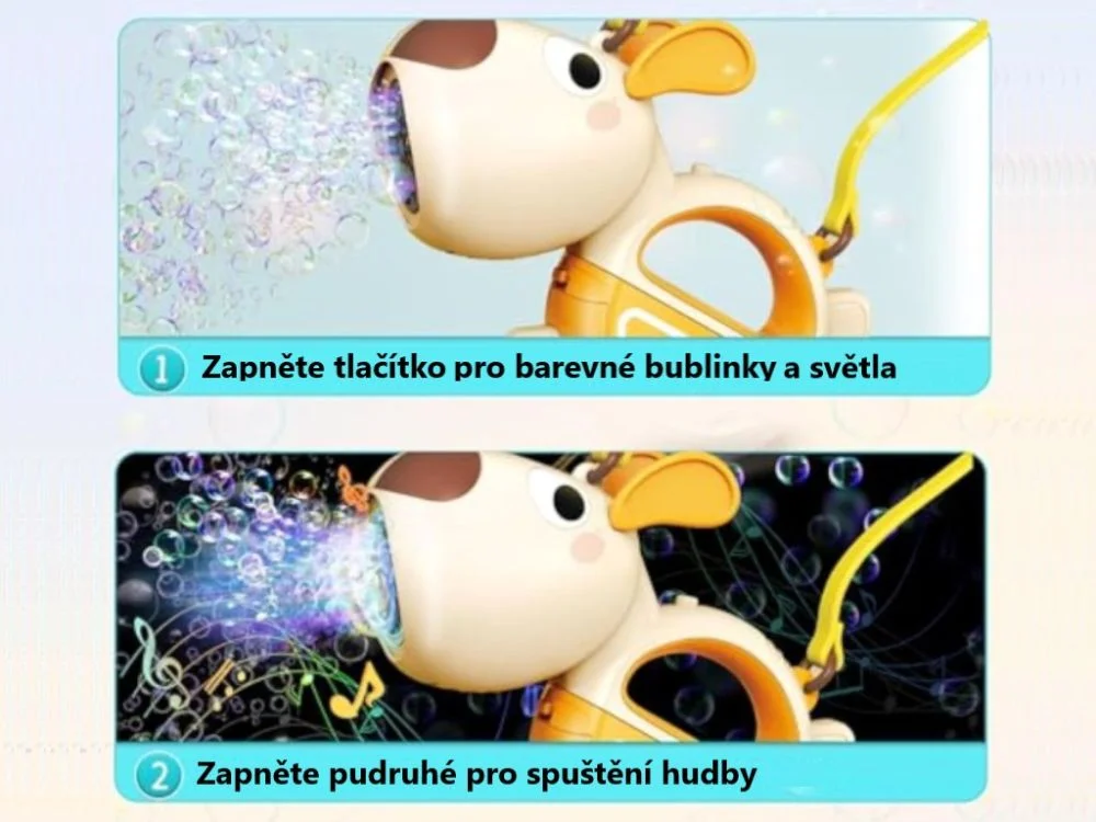 Šuniuko burbulų aparatas leidžia burbulus su šviesomis ir muzika