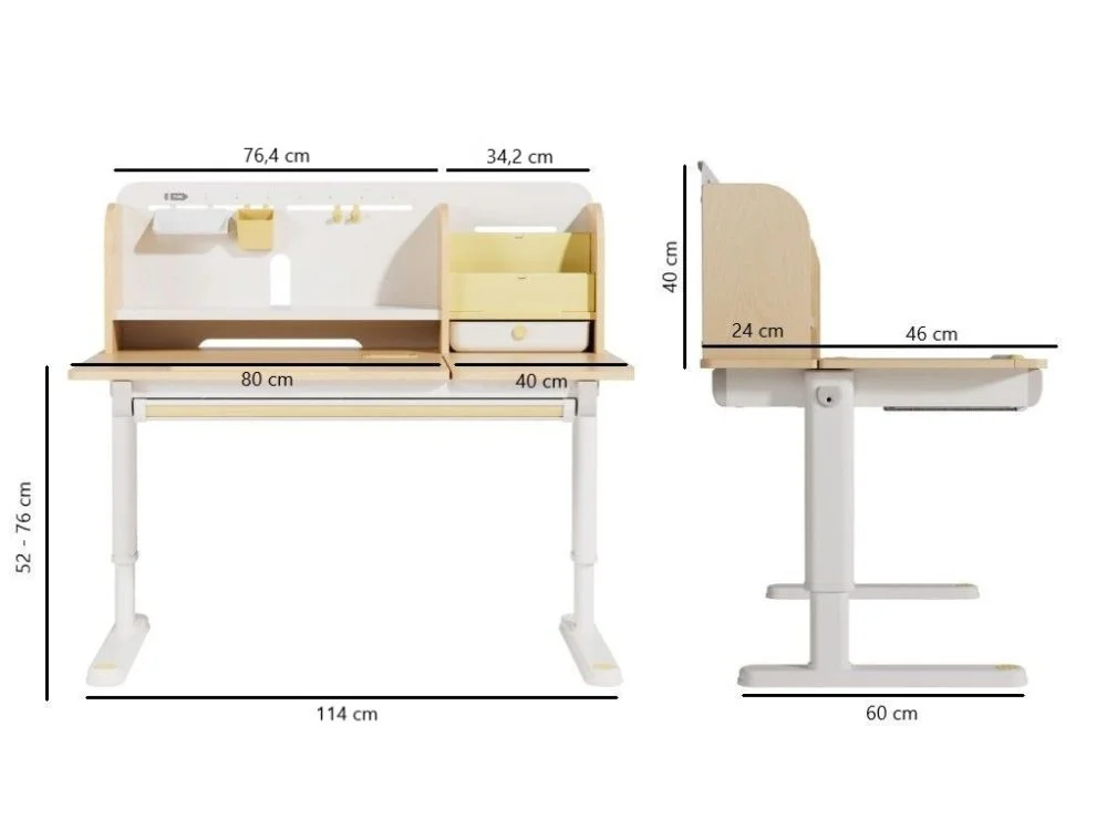 Stalo matmenų brėžinys: stalviršio aukštis 52–76 cm, gylis 60 cm