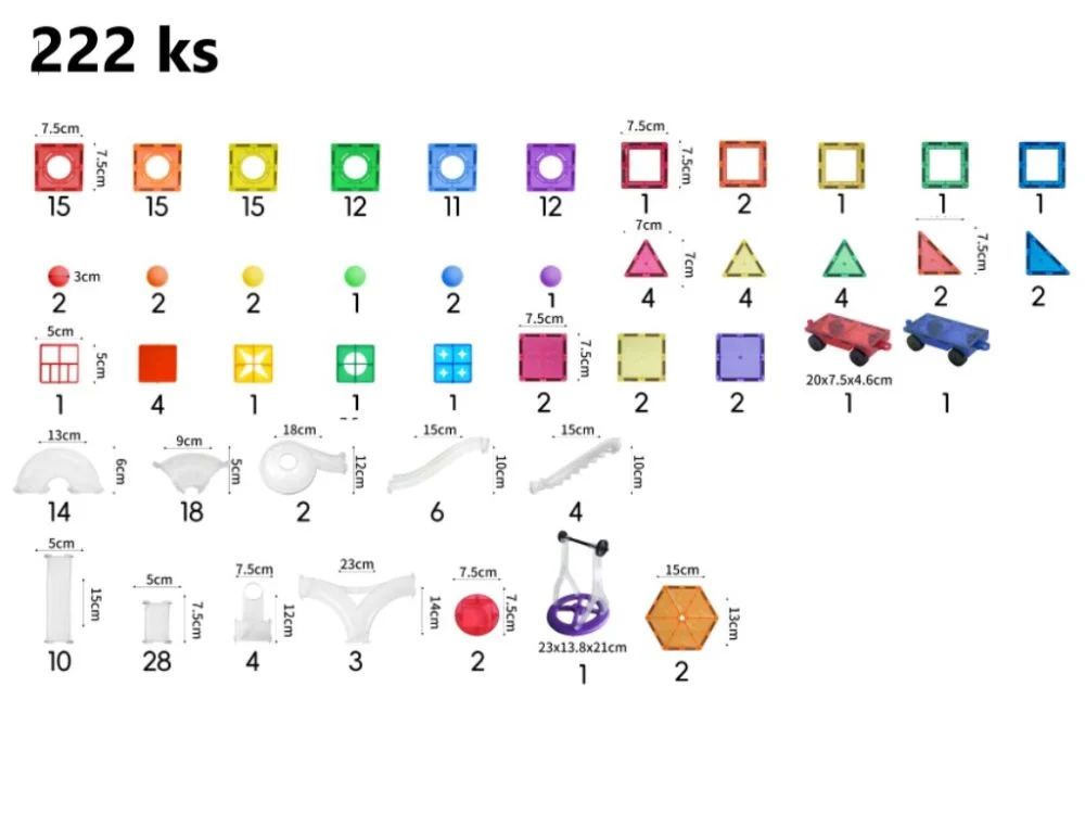 Rinkinio detalių schema su tuneliais, kvadratais ir kamuoliukais