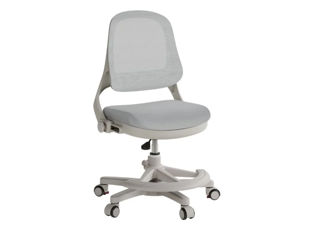 Pilka ergonominė kėdė vaikui su tinkliniu atlošu, kojų atrama ir ratukais