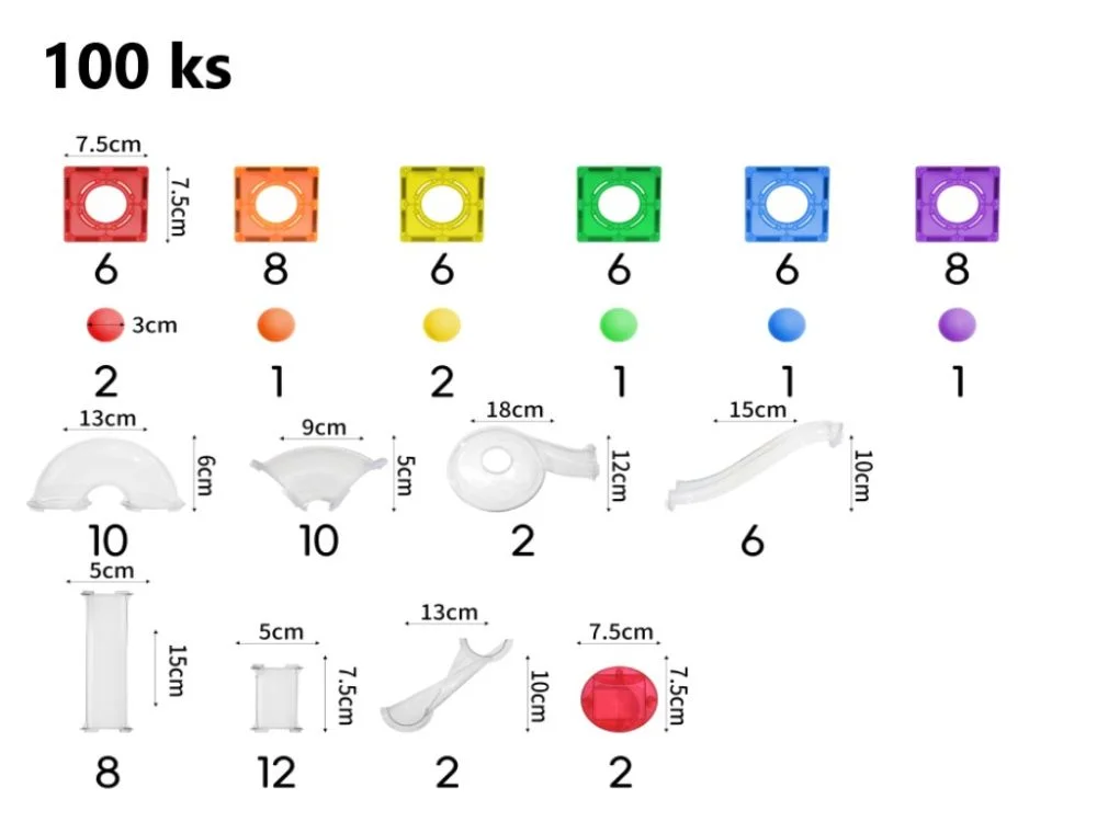 Rinkinio detalių schema: kvadratai, kamuoliukai ir tuneliai su matmenimis