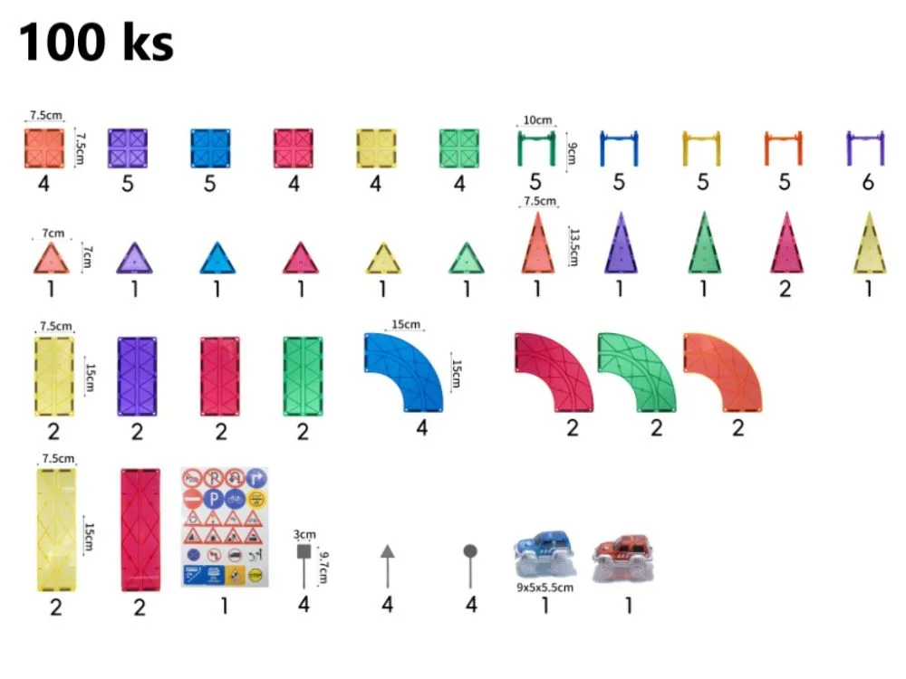 Rinkinio detalių schema: kelio detalės, atramos, trikampiai, ženklai ir mašinėlės