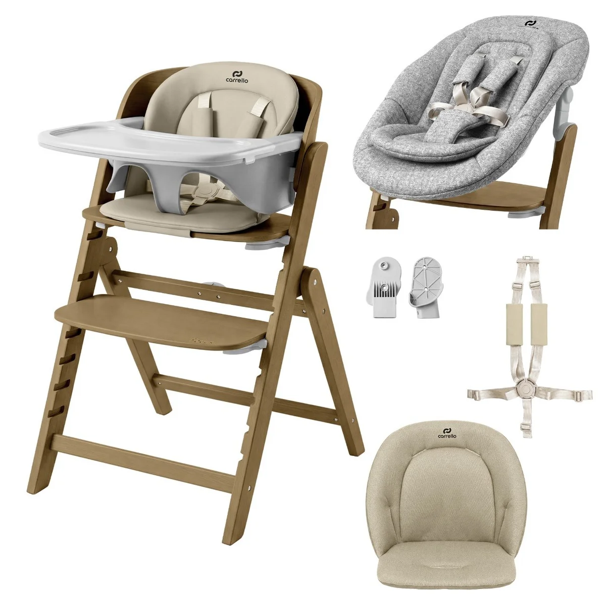 Medinė maitinimo kėdutė su gultuku Carrello Focus, spalva Croissant Beige