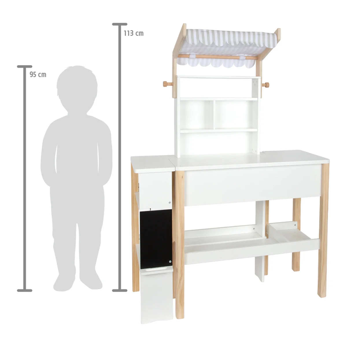 Parduotuvės brėžinys: aukštis 113 cm, šalia 95 cm ūgio vaiko siluetas
