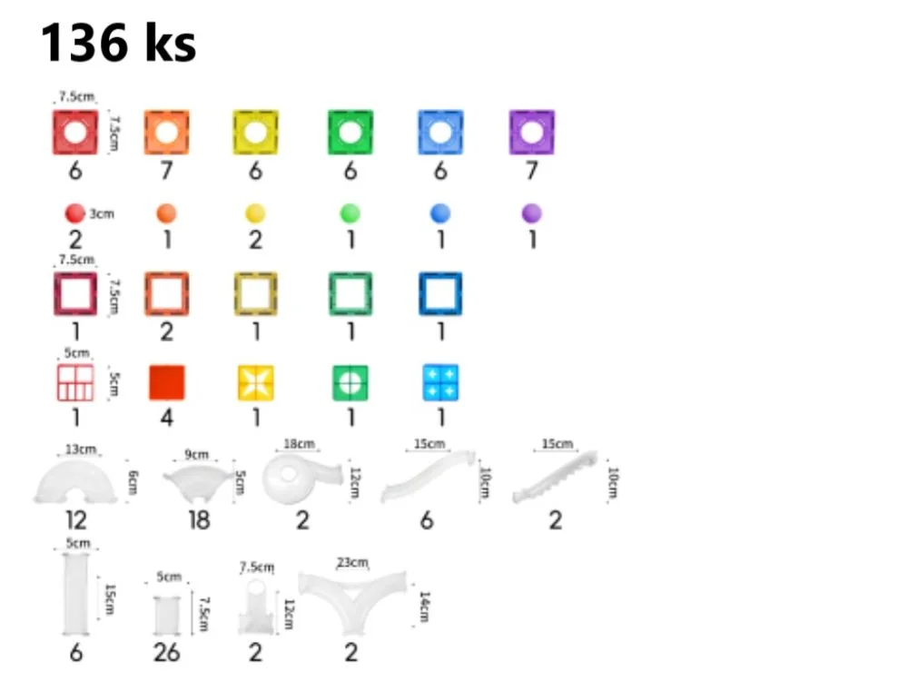 Rinkinio detalių schema su kvadratais, tuneliais ir kamuoliukais