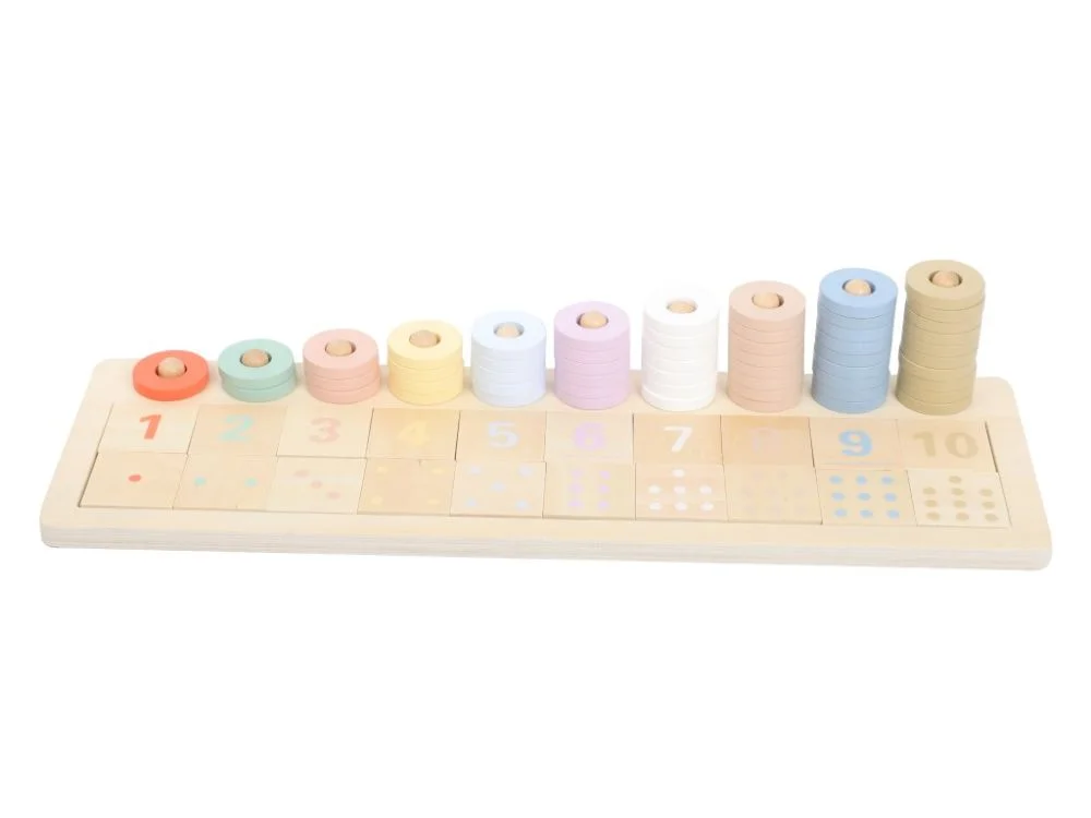 Montessori skaičiavimo lenta iki 10 su spalvotais žiedais ir skaičių kortelėmis
