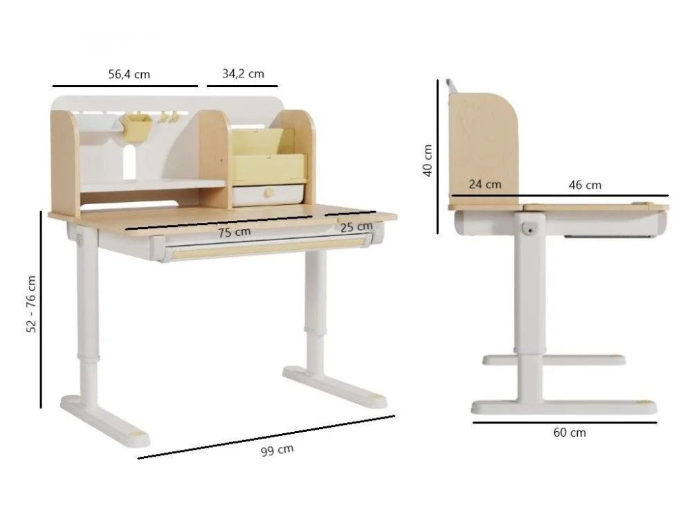 Matmenų brėžinys: stalviršio aukštis 52–76 cm, gylis 60 cm