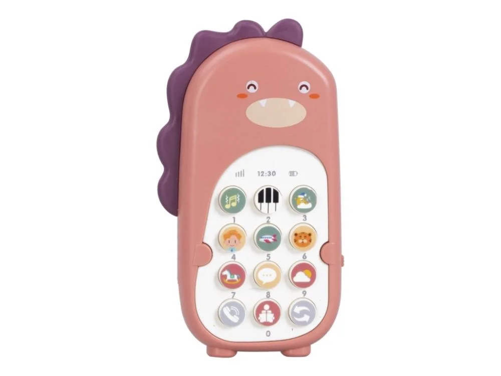 Muzikinis telefonas „Dinozauras“ – rožinis žaislinis telefonas vaikams su 12 mygtukų