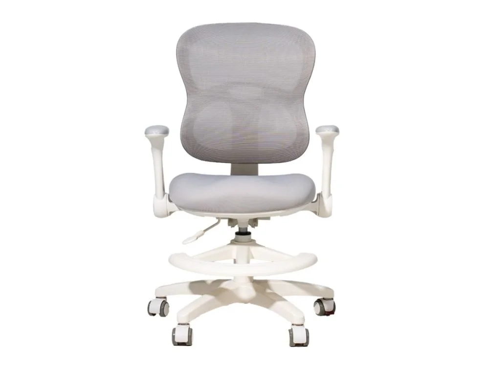 Pilka ergonominė kėdė vaikui su porankiais, kojų atrama ir ratukais
