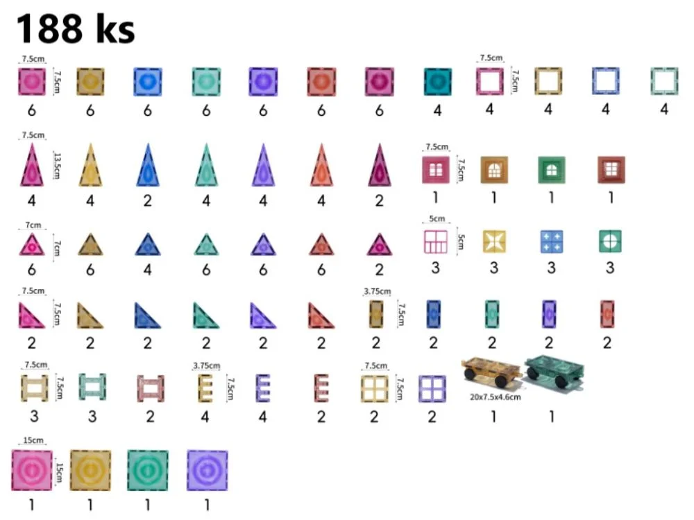 Rinkinio detalių schema: kvadratai, trikampiai, langai, tvorelės ir važiuoklės