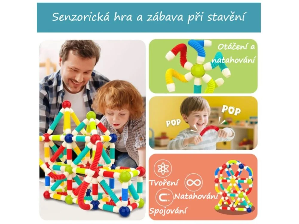 Tėtis su sūnumi stato iš magnetinių rutuliukų ir lanksčių lazdelių