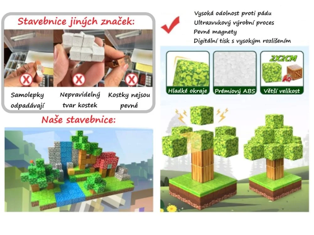 Kaladėlės lygiais kraštais ir iš jų pastatyti medžiai