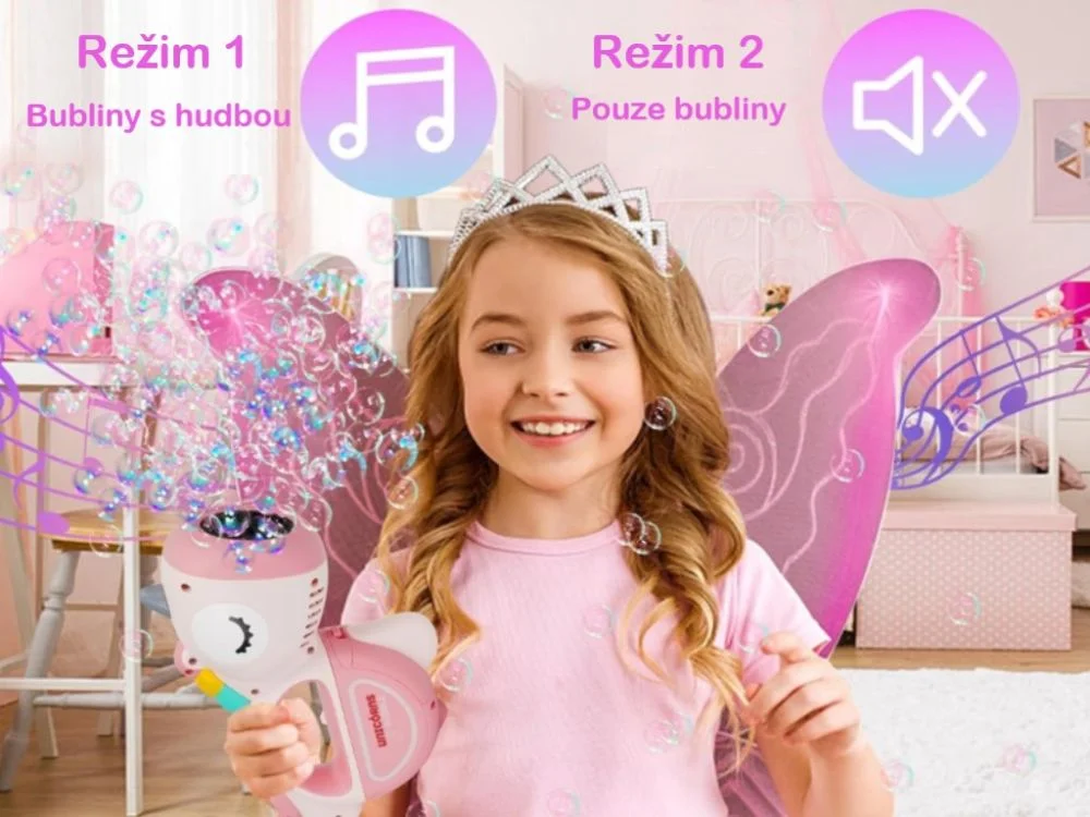 Mergaitė su vienaragio burbulų aparatu: burbulai su muzika arba be jos
